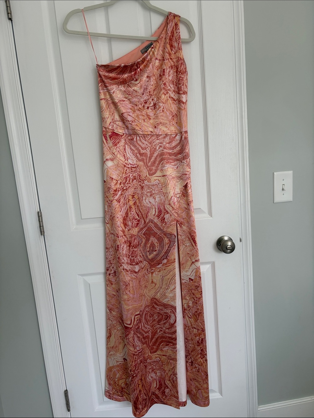 Love By Design One-Shoulder Marble Print Maxi Dress in Coral and Peach